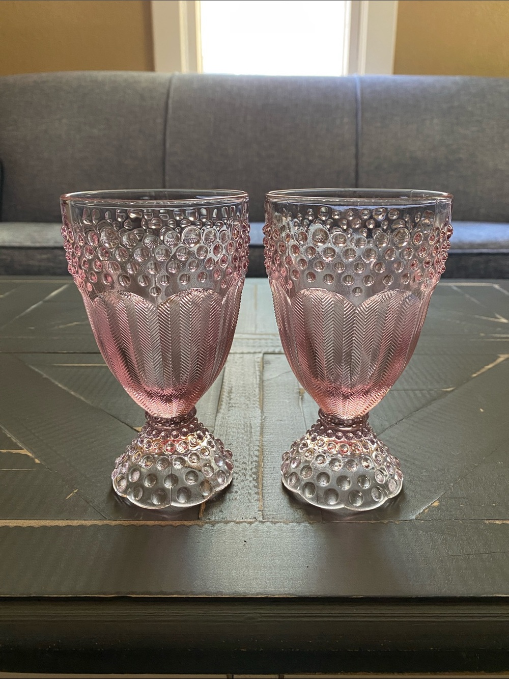 🩷Vintage🩷Gorham Emily’s Attic Pink Hobnail & Herringbone Glass Goblet Pair